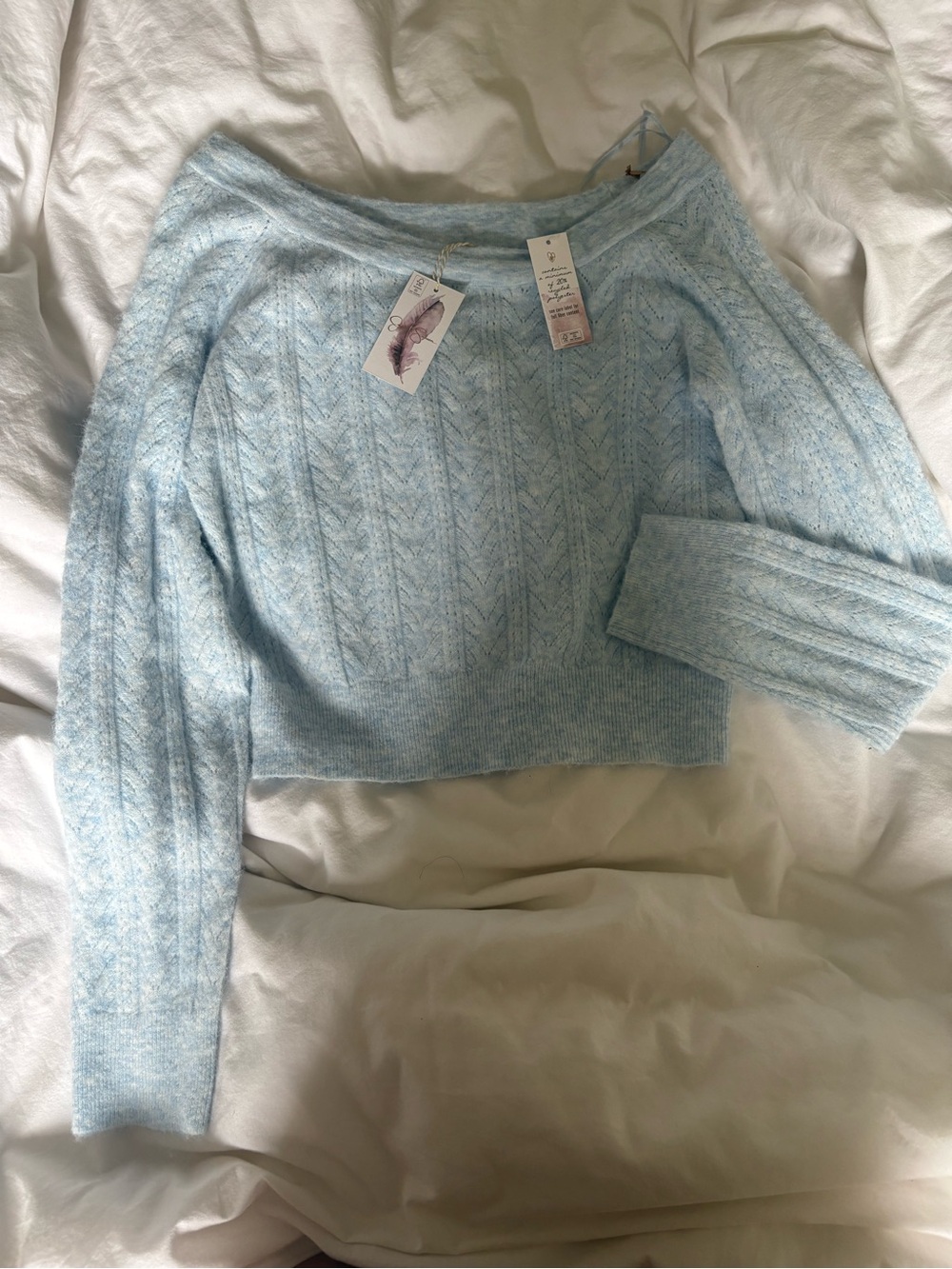 Jessica Simpson Light Blue Off-the-Shoulder Cable Knit Sweater